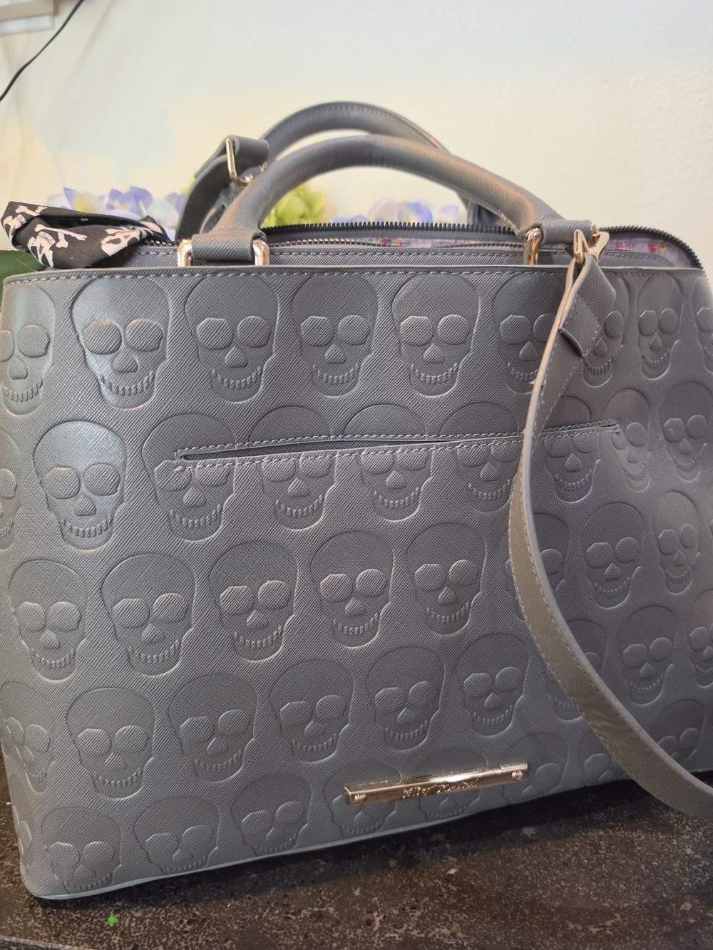 Betsey Johnson Gray Embossed Skull Tote